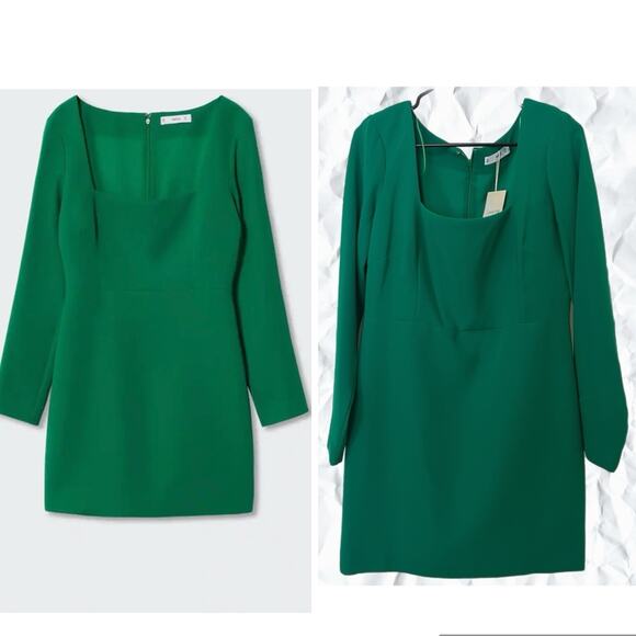 Mango Green Square Neck Fitted Mini Dress - 8 - Picture 2 of 8